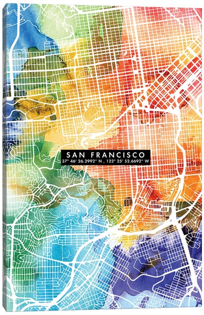 San Francisco City Map Colorful Canvas Art Print - WallDecorAddict