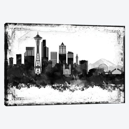 Seattle Black And White Framed Skylines Canvas Print #WDA446} by WallDecorAddict Canvas Wall Art