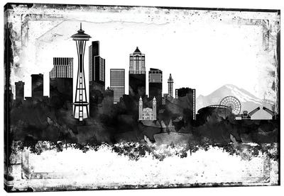 Seattle Black And White Framed Skylines Canvas Art Print - Seattle