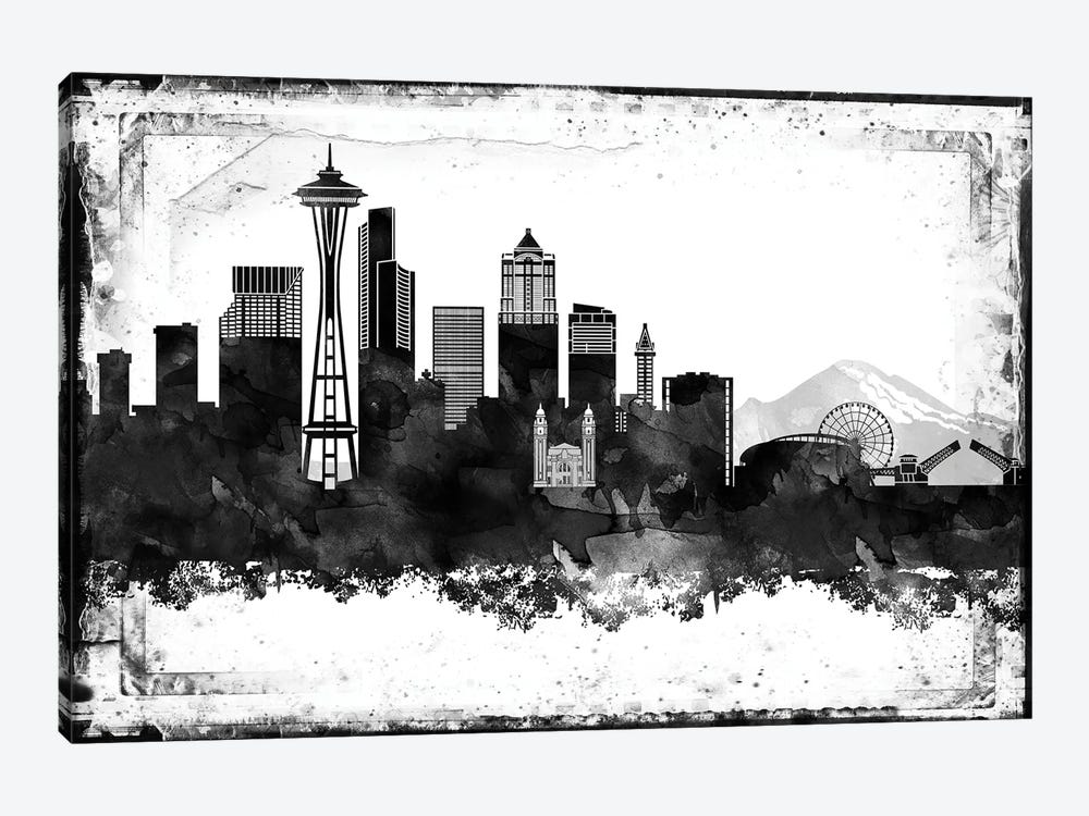 Seattle Black And White Framed Skylines by WallDecorAddict 1-piece Canvas Wall Art