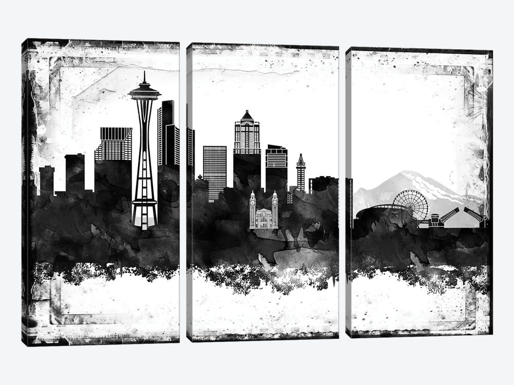 Seattle Black And White Framed Skylines by WallDecorAddict 3-piece Canvas Artwork