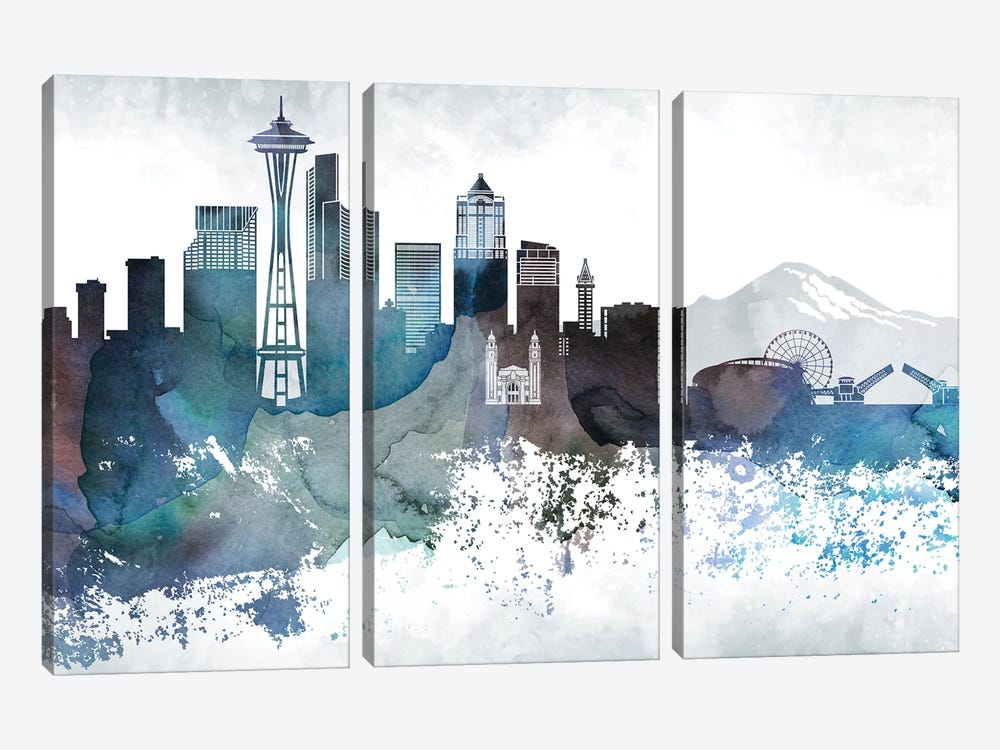 Seattle Bluish Skylines by WallDecorAddict 3-piece Canvas Print