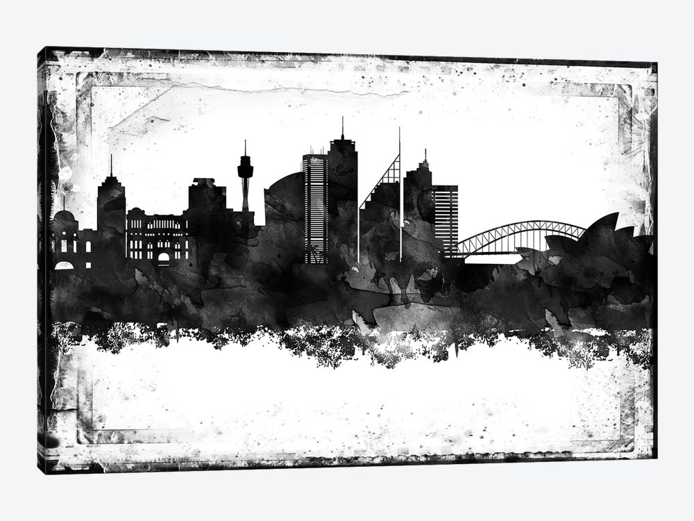 Sydney Black And White Framed Skylines by WallDecorAddict 1-piece Canvas Artwork
