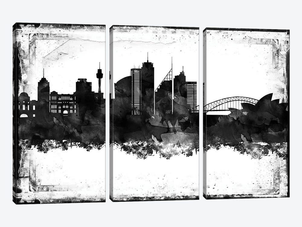 Sydney Black And White Framed Skylines by WallDecorAddict 3-piece Canvas Artwork
