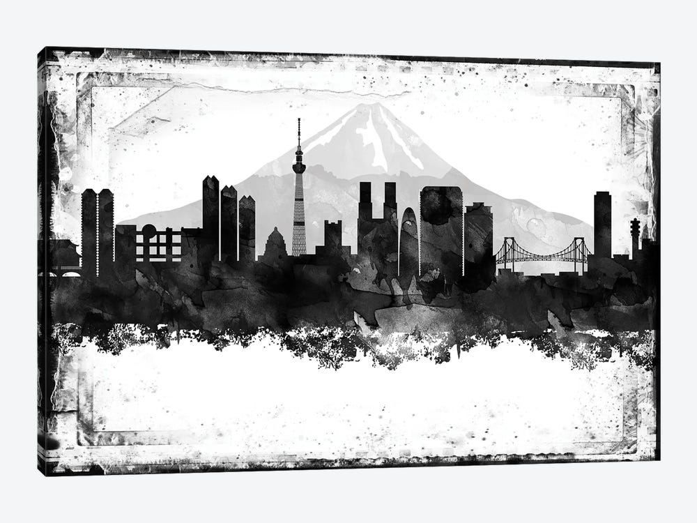 Tokyo Black And White Framed Skylines by WallDecorAddict 1-piece Canvas Wall Art