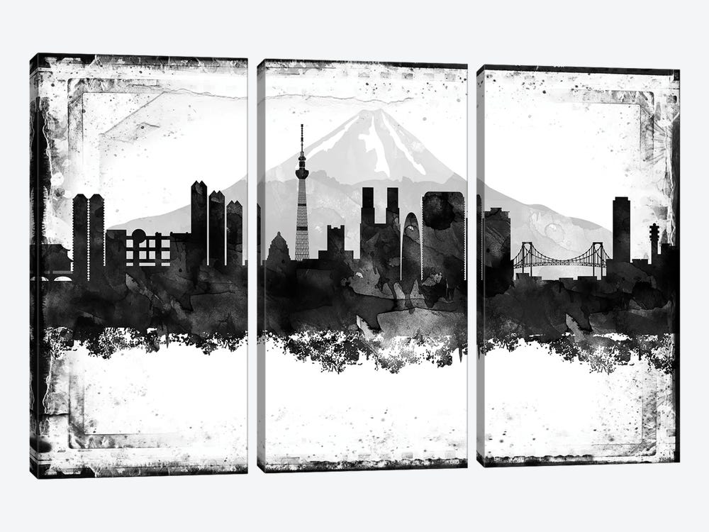 Tokyo Black And White Framed Skylines by WallDecorAddict 3-piece Canvas Artwork