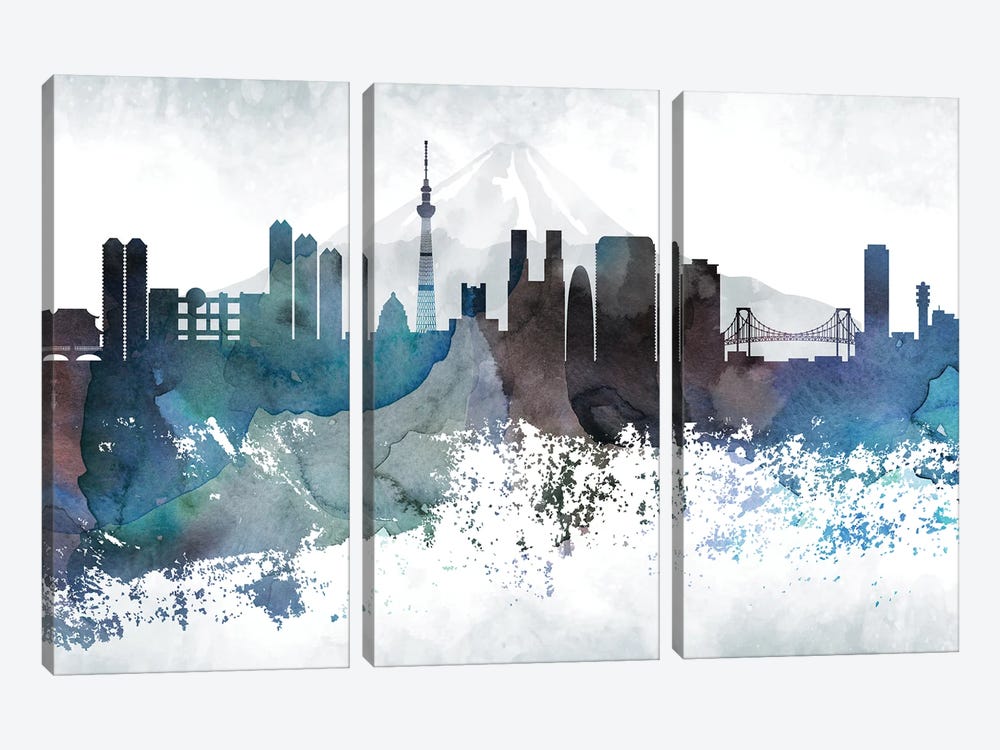 Tokyo Bluish Skylines by WallDecorAddict 3-piece Canvas Wall Art