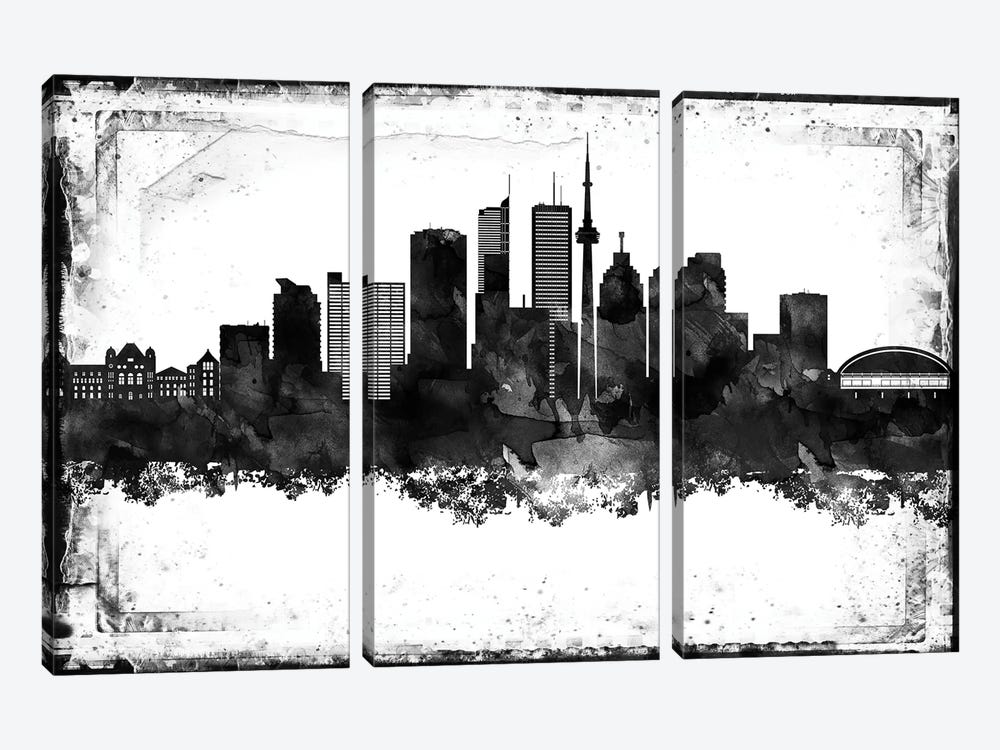 Toronto Black And White Framed Skylines by WallDecorAddict 3-piece Canvas Artwork