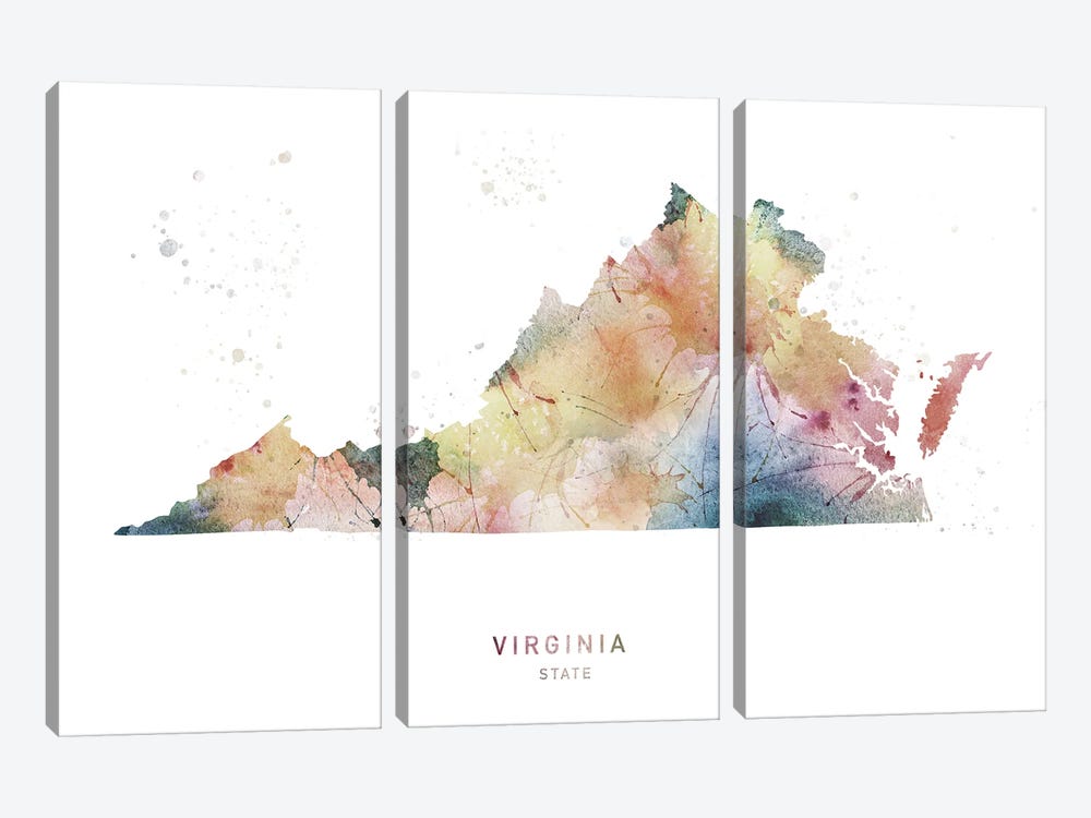 Virginia Watercolor State Map by WallDecorAddict 3-piece Canvas Print