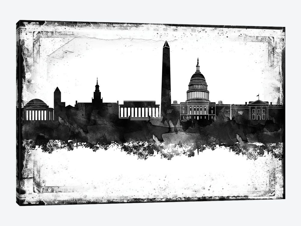 Washington Black And White Framed Skylines by WallDecorAddict 1-piece Canvas Art Print