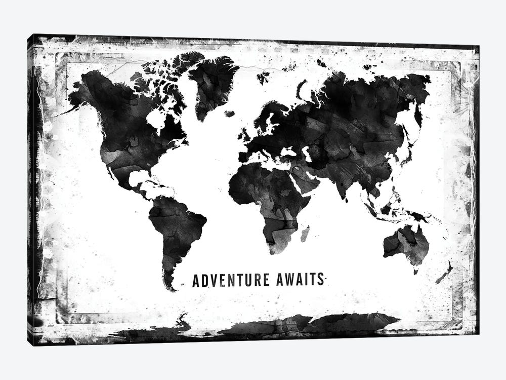 Black And White Framed World Map by WallDecorAddict 1-piece Canvas Wall Art