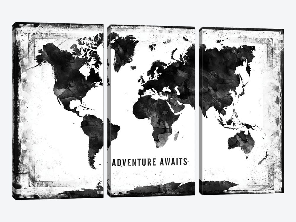 Black And White Framed World Map by WallDecorAddict 3-piece Canvas Artwork