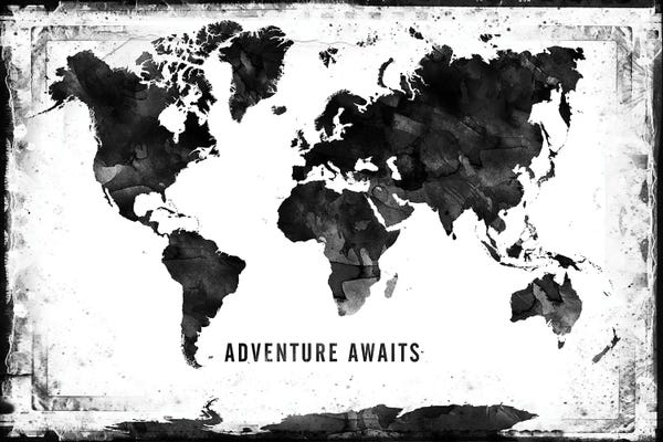 Black & White Digital Art: Black And White Framed World Map by WallDecorAddict