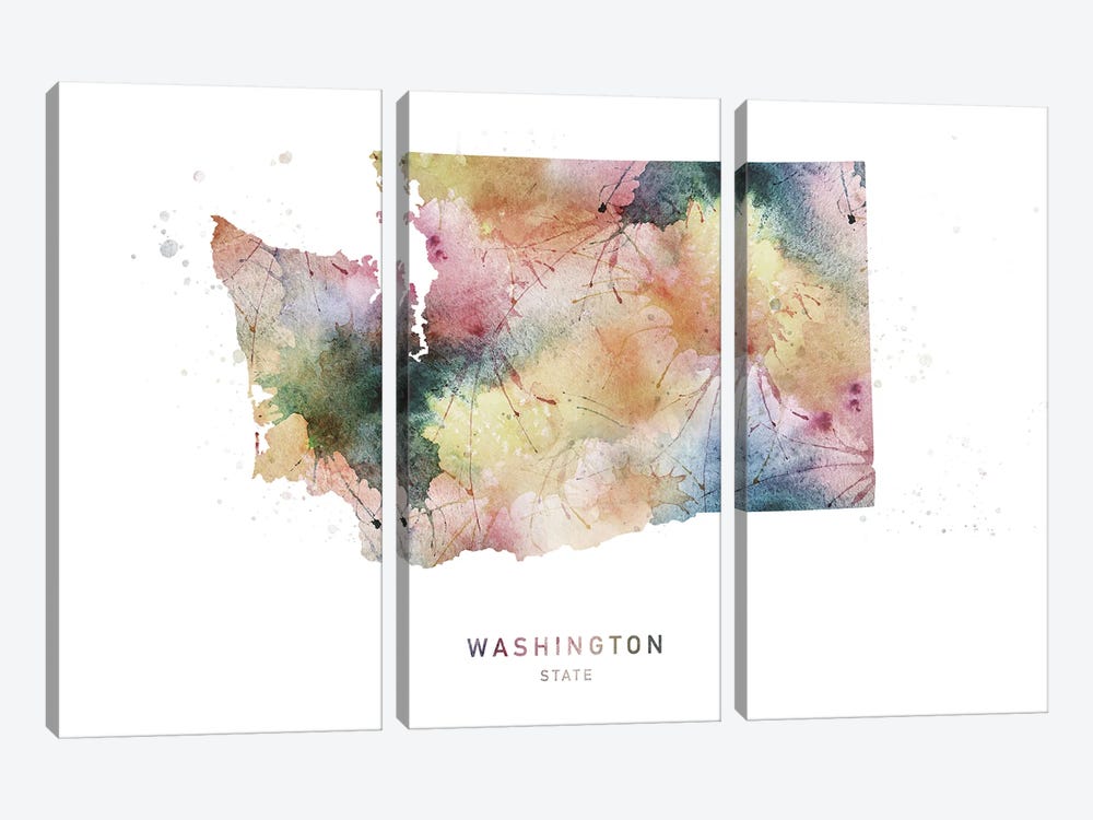 Washington Watercolor State Map by WallDecorAddict 3-piece Canvas Art Print