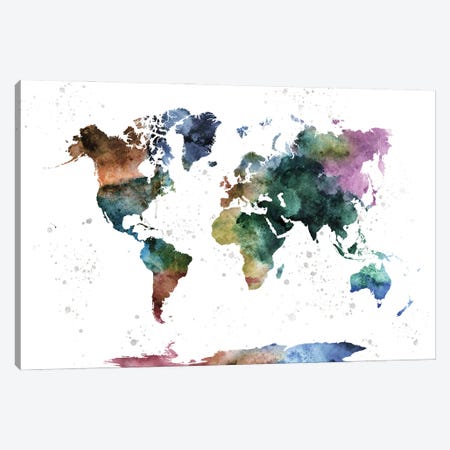Watercolor World Map Canvas Print #WDA512} by WallDecorAddict Art Print