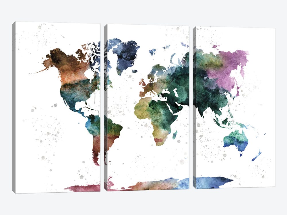 Watercolor World Map by WallDecorAddict 3-piece Canvas Art