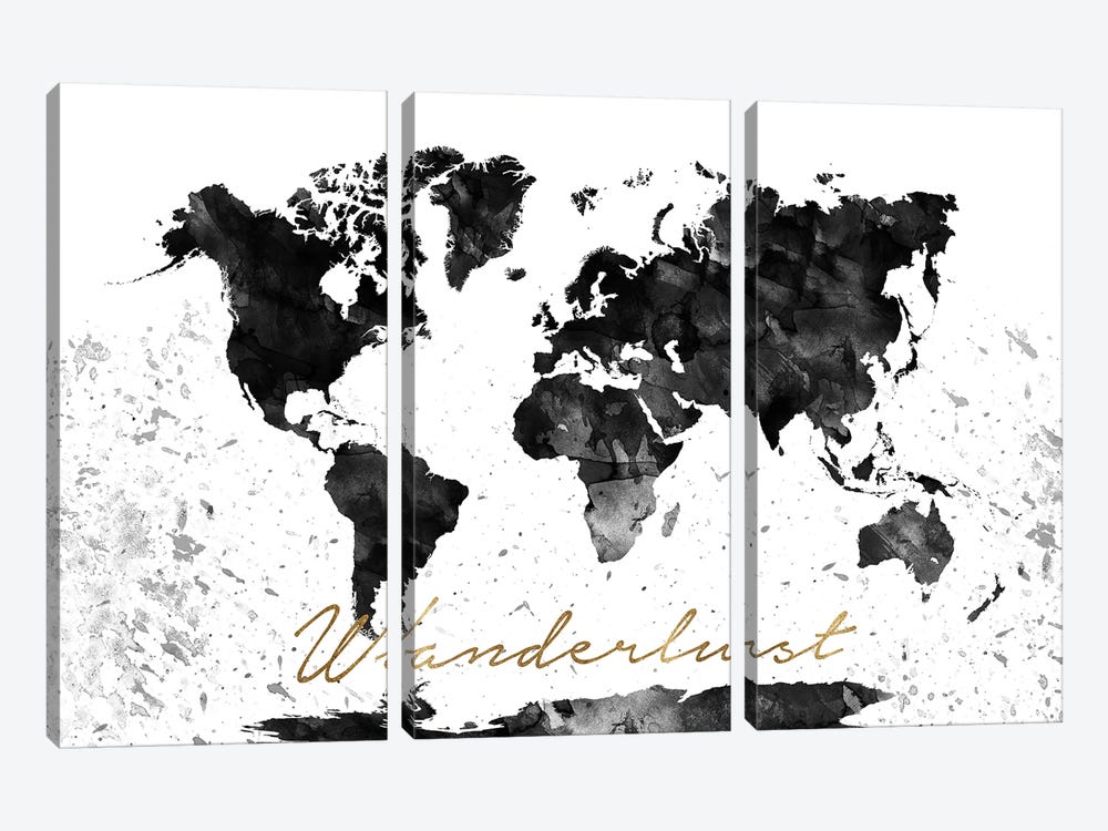 Black And White World Map Wanderlust by WallDecorAddict 3-piece Art Print