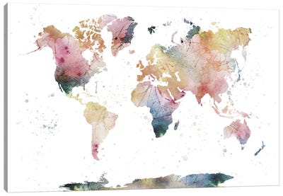 World Map Nature Watercolor Canvas Art Print - Maps & Geography