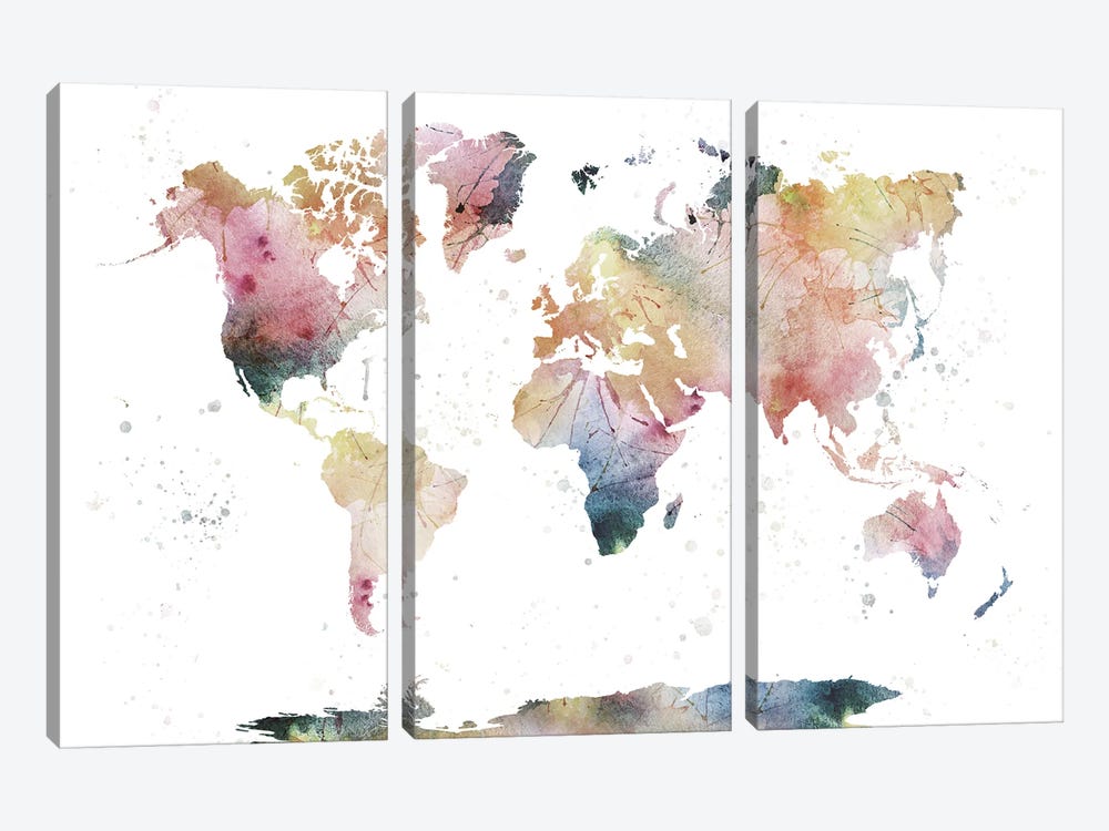 World Map Nature Watercolor by WallDecorAddict 3-piece Canvas Artwork