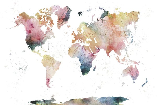 Large Map Art - Canvas Prints: World Map Nature Watercolor by WallDecorAddict