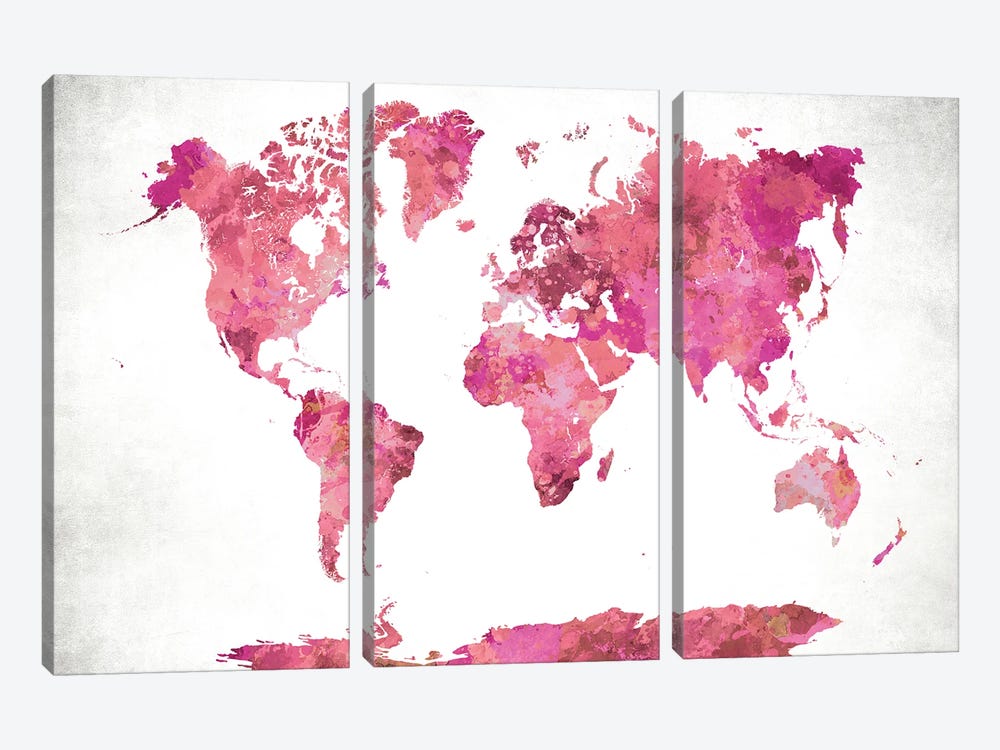 World Map Pink by WallDecorAddict 3-piece Art Print