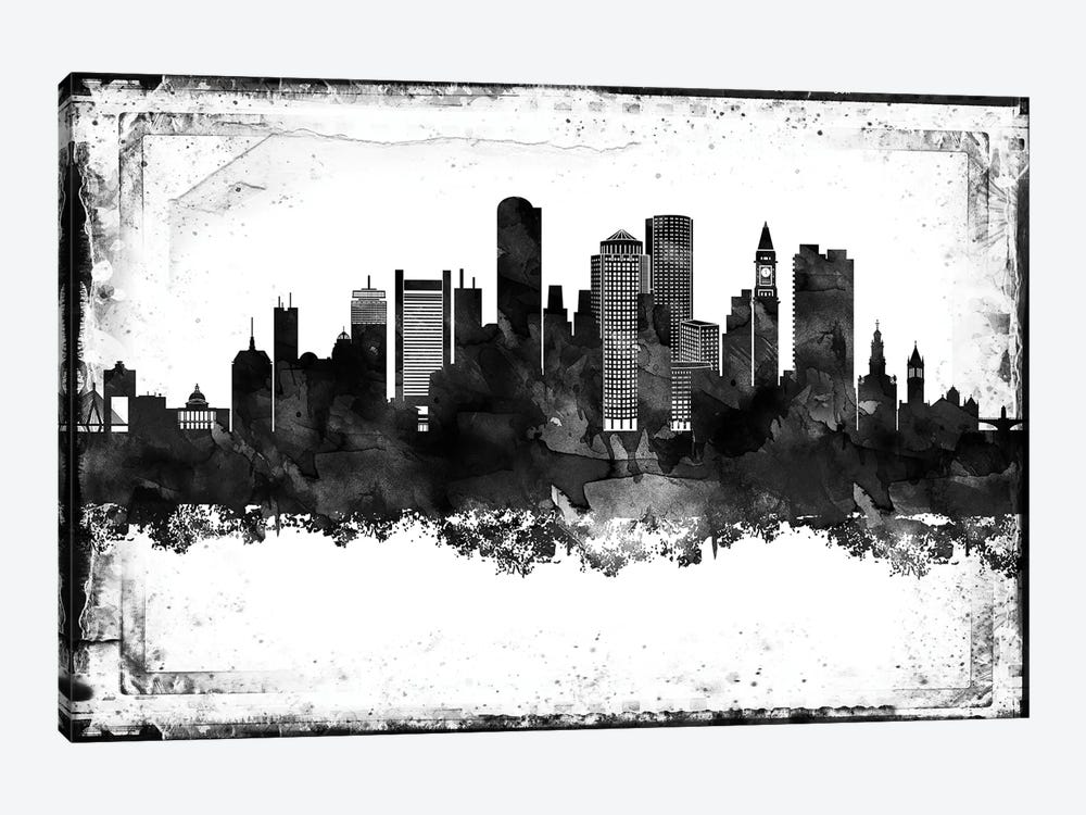 Boston Black And White Framed Skylines by WallDecorAddict 1-piece Canvas Art