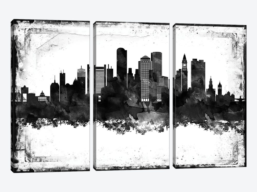 Boston Black And White Framed Skylines by WallDecorAddict 3-piece Canvas Wall Art