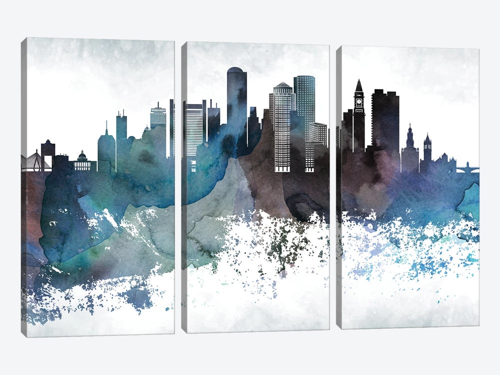 Boston Bluishl Skylines by WallDecorAddict 3-piece Canvas Print