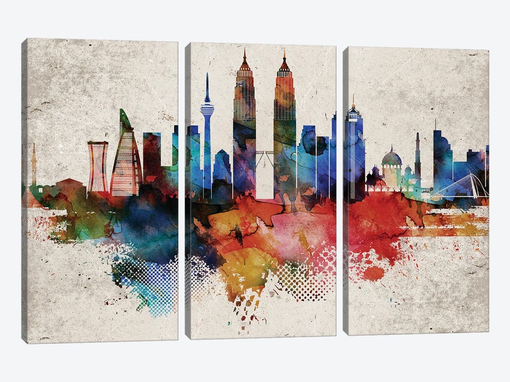 Kuala Lumpur Abstract Skyline by WallDecorAddict 3-piece Canvas Print