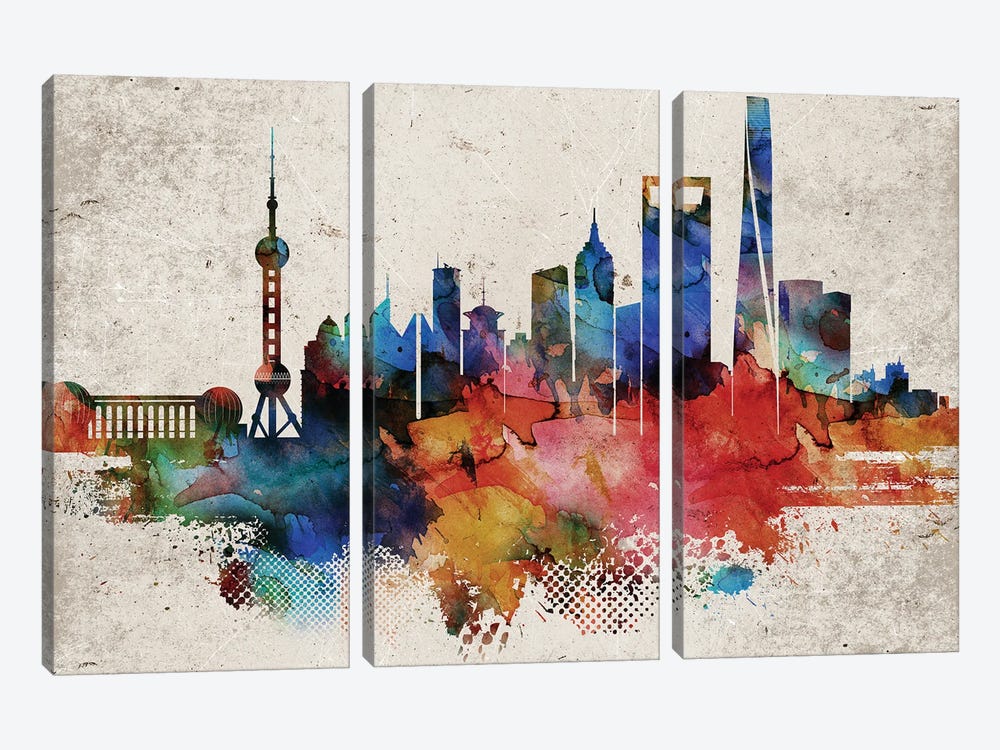 Shanghai Abstract Skyline by WallDecorAddict 3-piece Canvas Print