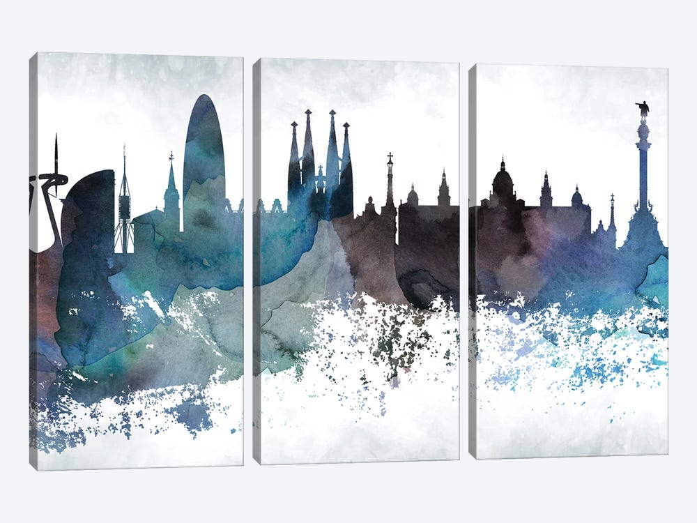 Barcelona Bluish Skyline by WallDecorAddict 3-piece Canvas Art Print