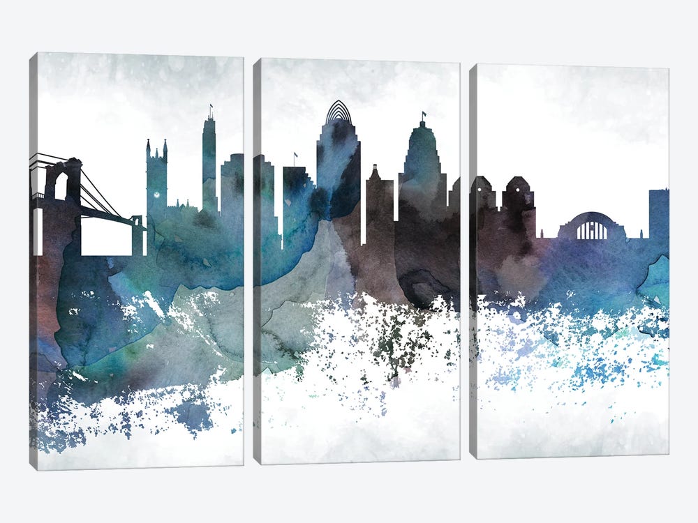 Cincinnati Bluish Skyline by WallDecorAddict 3-piece Canvas Art Print
