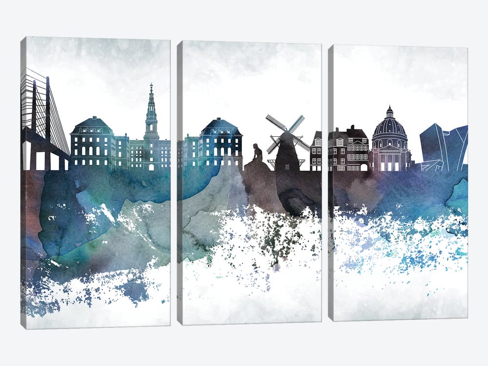 Copenhagen Bluish Skyline by WallDecorAddict 3-piece Canvas Art Print
