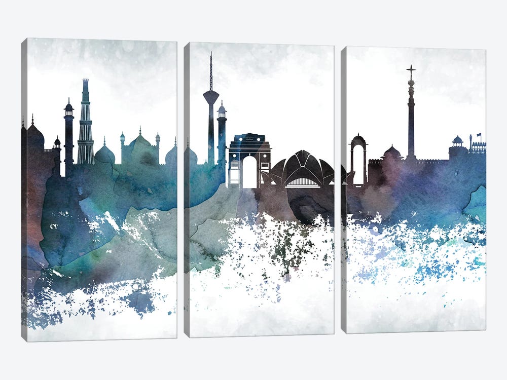 Delhi Bluish Skyline by WallDecorAddict 3-piece Canvas Wall Art