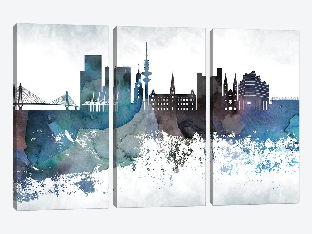 Hamburg Bluish Skyline by WallDecorAddict 3-piece Canvas Art Print