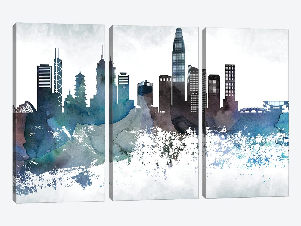 Hong Kong Bluish Skyline by WallDecorAddict 3-piece Canvas Artwork