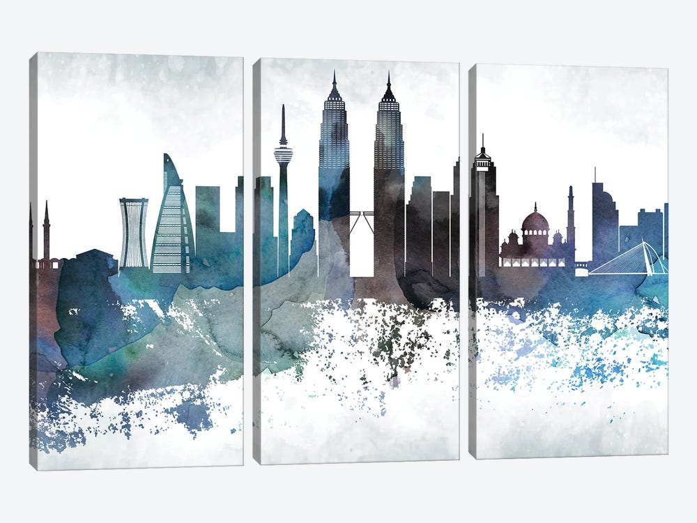 Kuala Lumpur Bluish Skyline by WallDecorAddict 3-piece Canvas Artwork