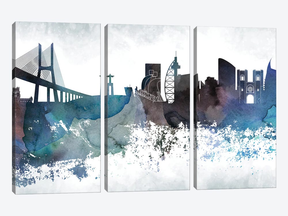 Lisbon Bluish Skyline by WallDecorAddict 3-piece Canvas Print