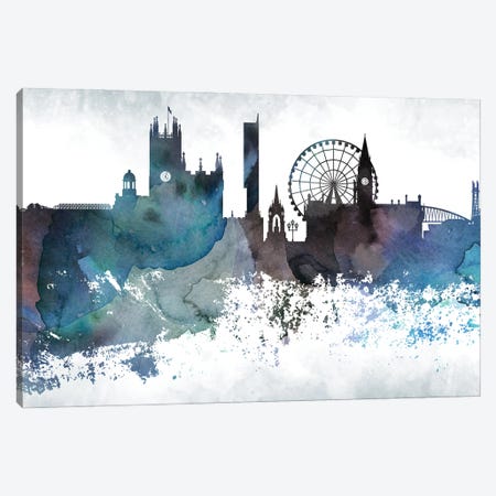 Manchester Bluish Skyline Canvas Print #WDA687} by WallDecorAddict Canvas Art