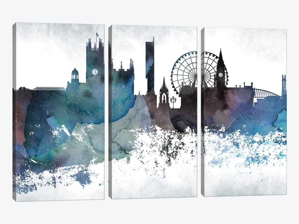 Manchester Bluish Skyline by WallDecorAddict 3-piece Canvas Artwork