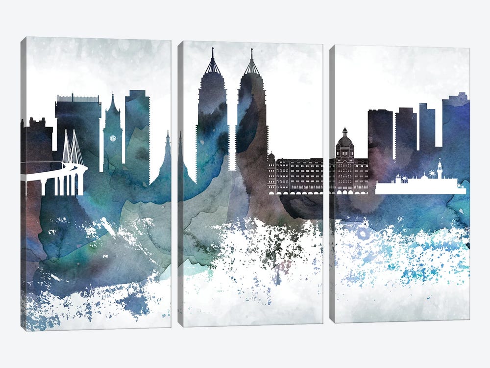 Mumbai Bluish Skyline by WallDecorAddict 3-piece Canvas Art Print