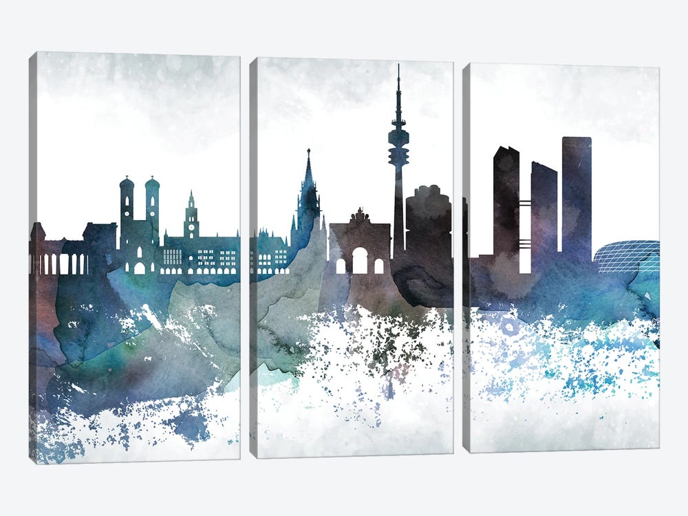 Munich Bluish Skyline by WallDecorAddict 3-piece Canvas Artwork