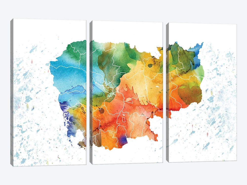 Cambodia Colorful Map by WallDecorAddict 3-piece Canvas Wall Art
