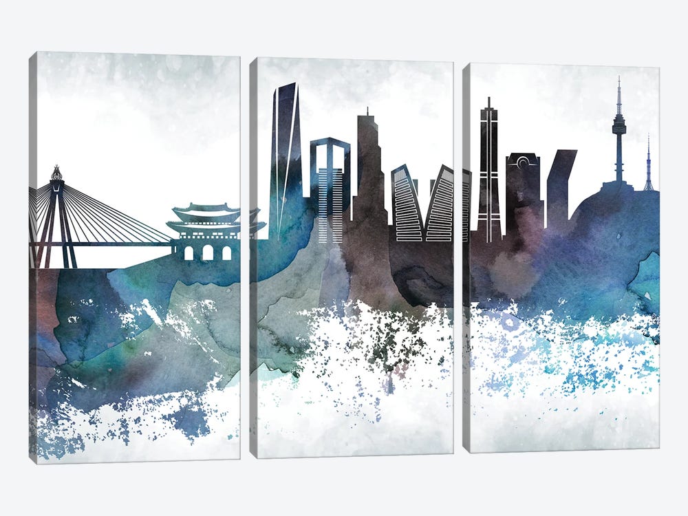 Seoul Bluish Skyline by WallDecorAddict 3-piece Canvas Wall Art