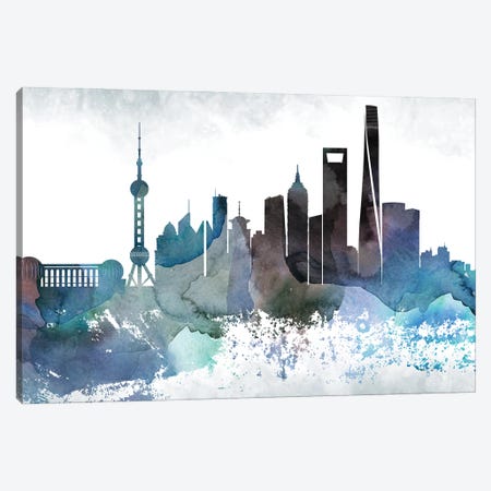 Shanghai Bluish Skyline Canvas Print #WDA716} by WallDecorAddict Canvas Wall Art