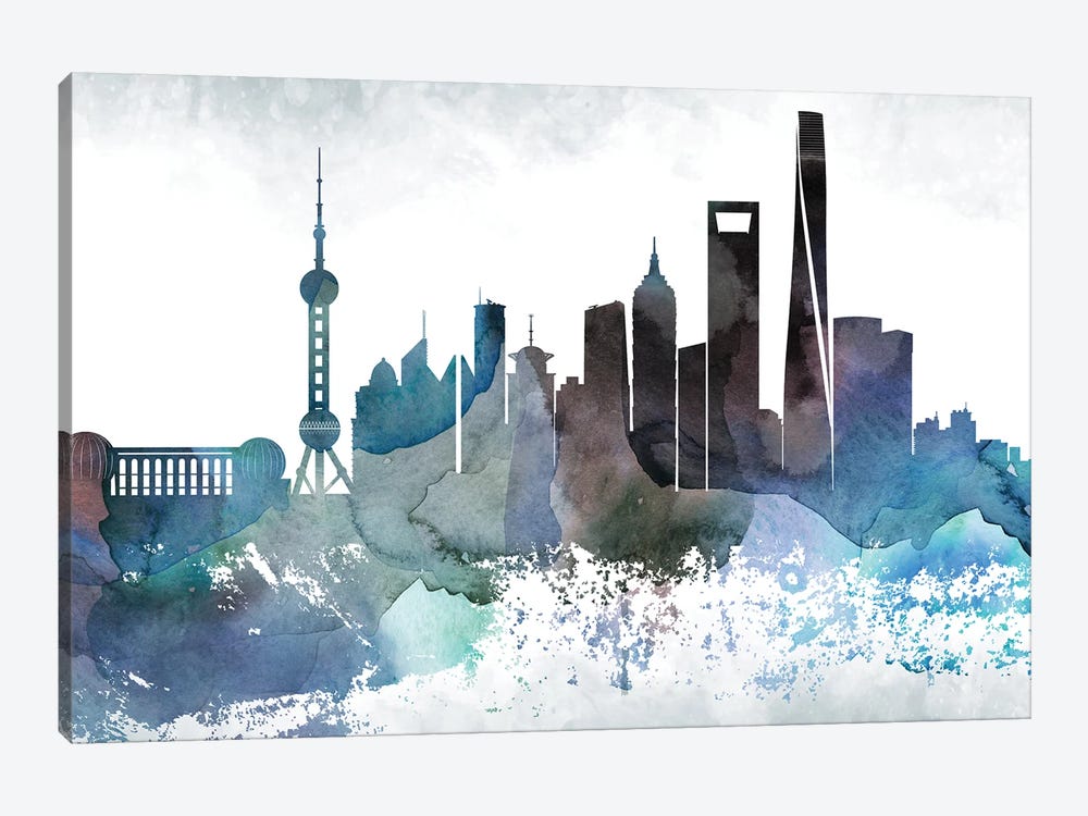 Shanghai Bluish Skyline by WallDecorAddict 1-piece Canvas Print