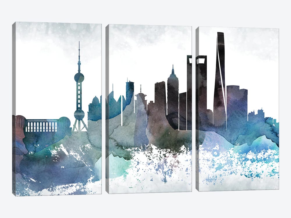Shanghai Bluish Skyline by WallDecorAddict 3-piece Art Print