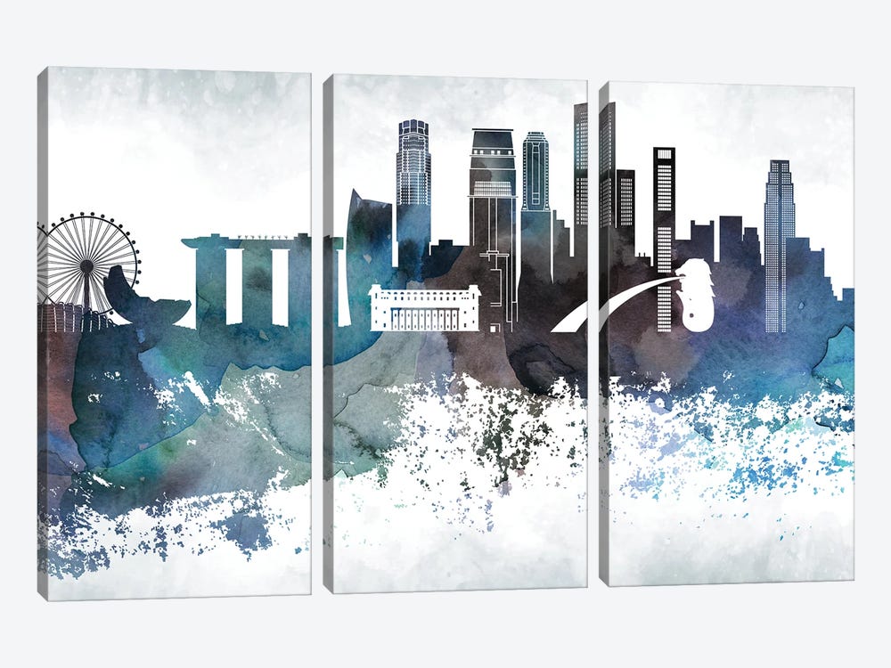 Singapore Bluish Skyline by WallDecorAddict 3-piece Canvas Artwork