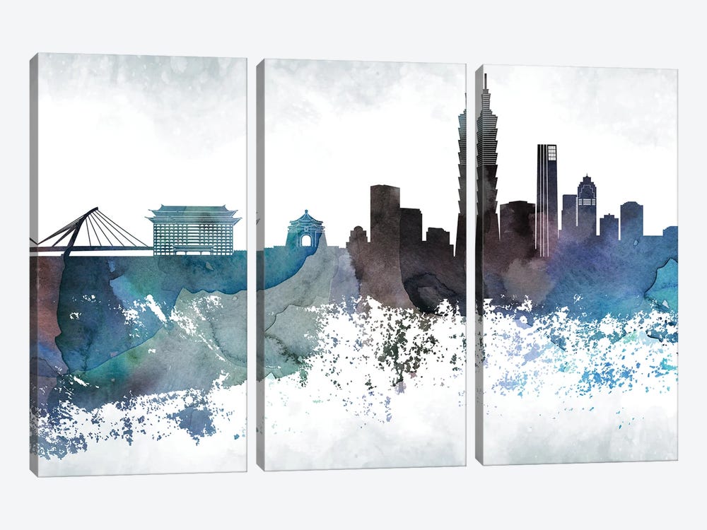 Taipei Bluish Skyline by WallDecorAddict 3-piece Canvas Art