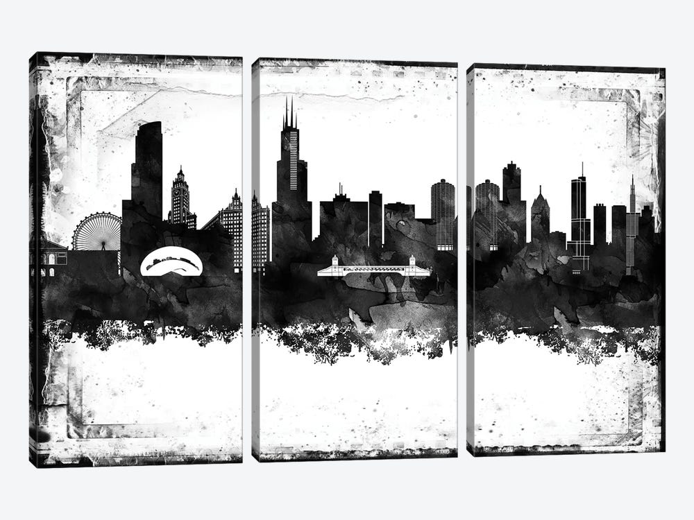 Chicago Black And White Framed Skylines by WallDecorAddict 3-piece Canvas Artwork